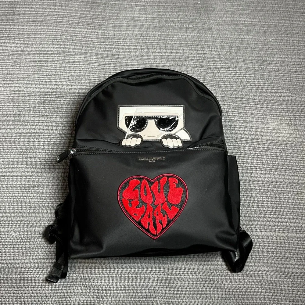 Karl Lagerfeld Paris K/Ikonik Nylon Backpack Black Love‎ Karl Heart Patch New